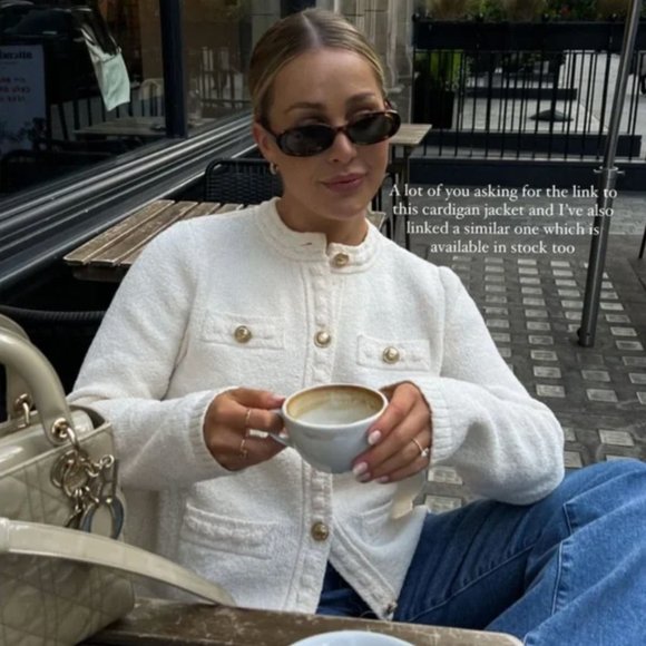 NEW Gold Button Tweed Textured Knit Sweater Cardigan Jacket - Cream Ivory - Picture 4 of 14